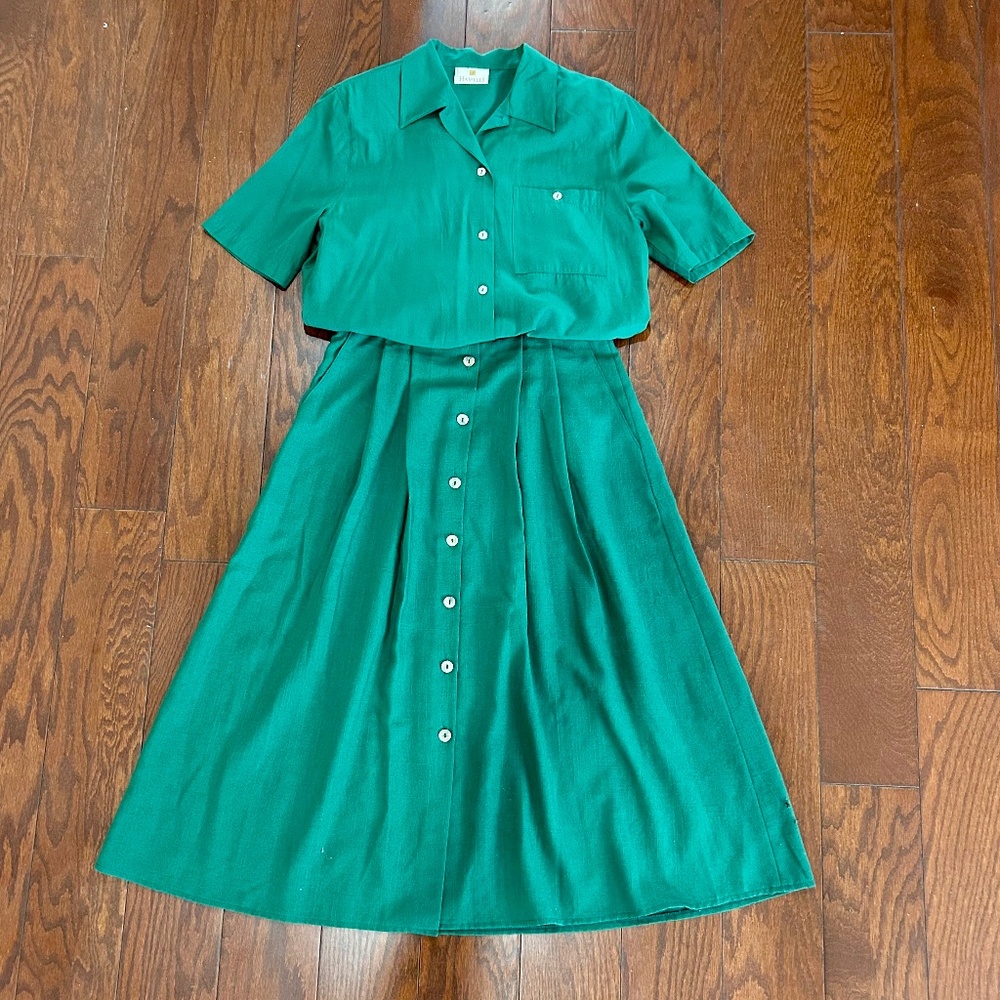 Hammells British clothing brand green skirt and blouse set button up shirt